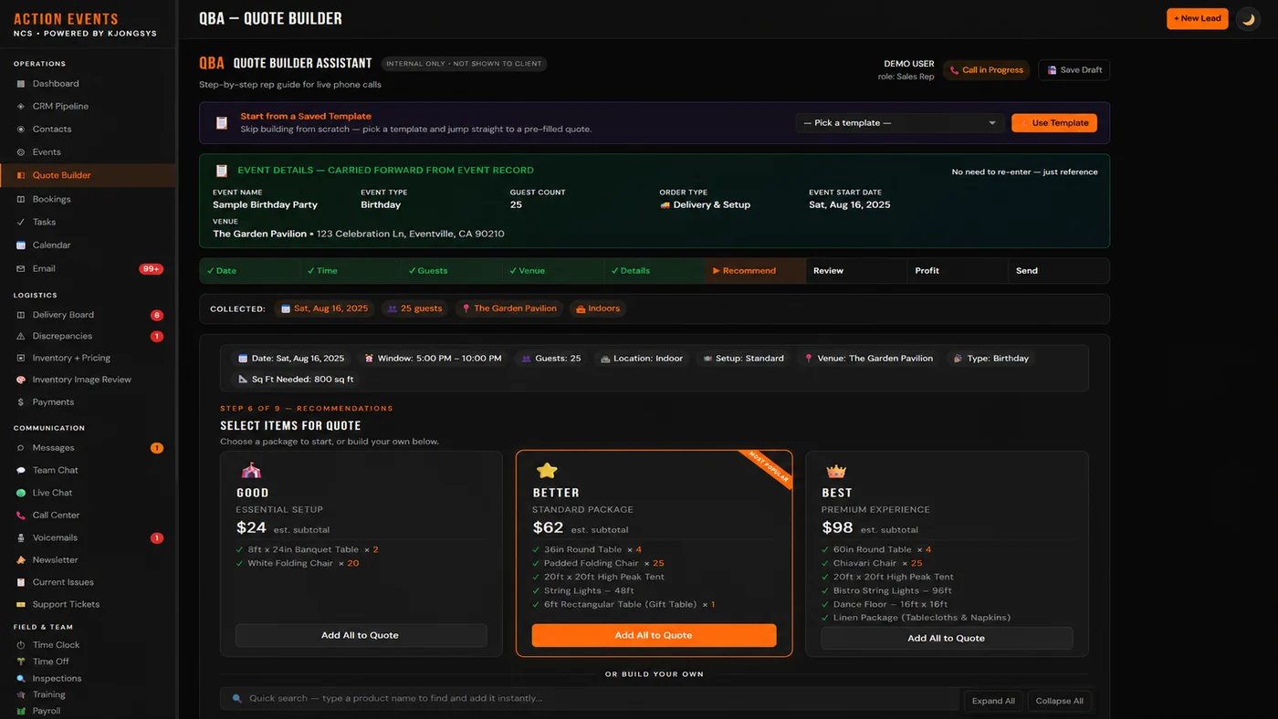 NCS guided quote builder with Good, Better, Best packages